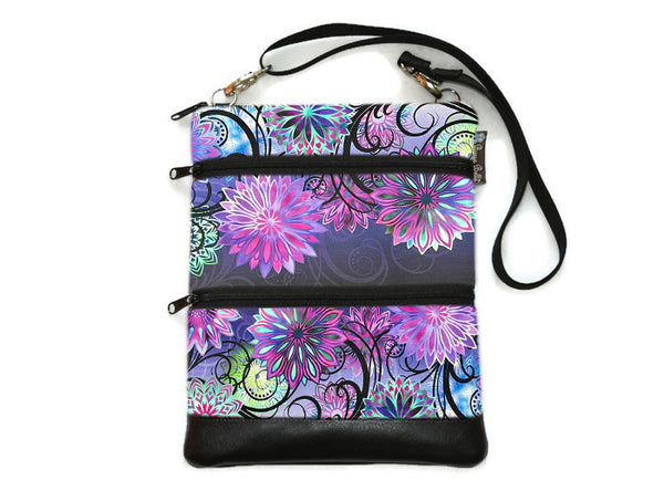 SMALL SIZE Travel Bags Crossbody Purse - A1 Cross Body - Faux Leather - Tablet Purse - Purple Medallions Fabric