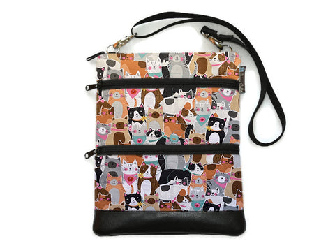 MEDIUM Travel Bags Crossbody Purse - Cross Body - Faux Leather - Tablet Purse - Cat Fabric
