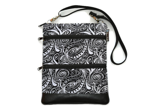 MEDIUM Travel Bags Crossbody Purse - A1 Cross Body - Faux Leather - Tablet Purse - Swirled Black and White Fabric