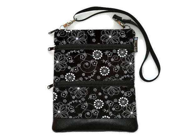 MEDIUM Travel Bags Crossbody Purse - A1 Cross Body - Faux Leather - Tablet Purse - Black and White Fabric