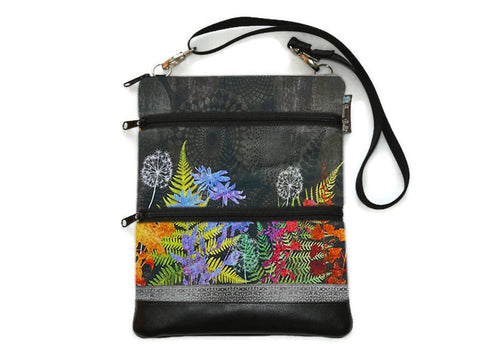 SMALL SIZE Travel Bags Crossbody Purse - A1 Cross Body - Faux Leather - Tablet Purse - Night FernTastic Fabric