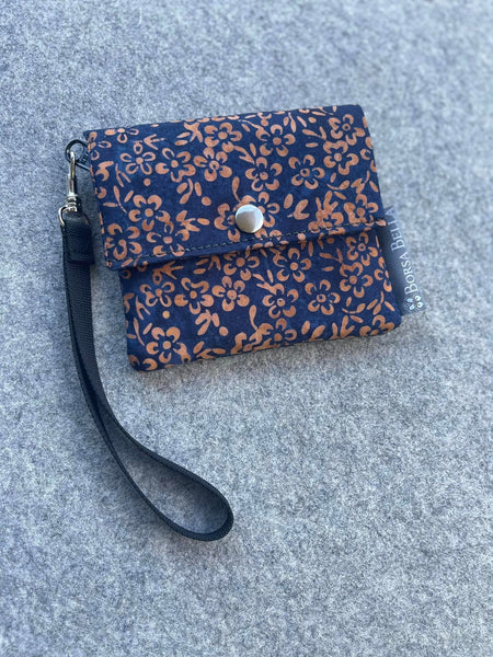 Small Slim Wallet - Light Weight - Added RFID Fabric - Blue Batik
