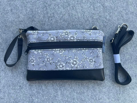 Deluxe Long Zip Phone Bag - Converts to Cross Body Purse - Gray and White Flowers