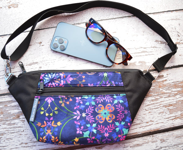 Fanny Pack or Crossbody Bag - Hibiscus Black and White Fabric