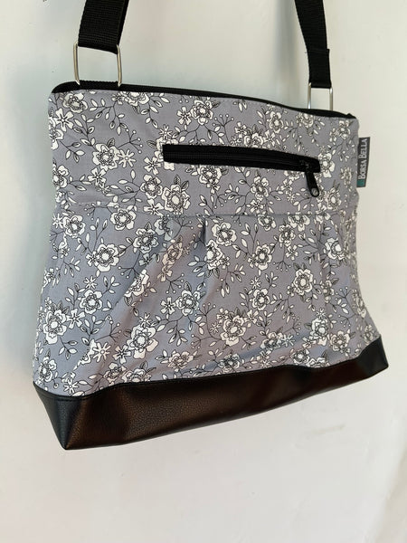 Hobo Purse Cross Body - Shoulder Bag with Faux Leather - Gray Rose Fabric