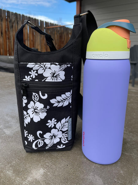 Water Bottle Crossbody Bag - Day Drinker - Hawiian Hibiscus Flower  Fabric Pocket