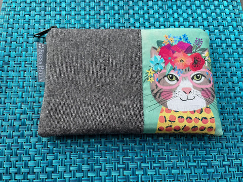 Limited Edition Catch All Zippered Pouch - Cat with Glasses with Green Background