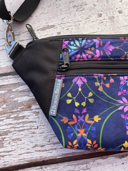 Fanny Pack or Crossbody Bag - Hibiscus Black and White Fabric