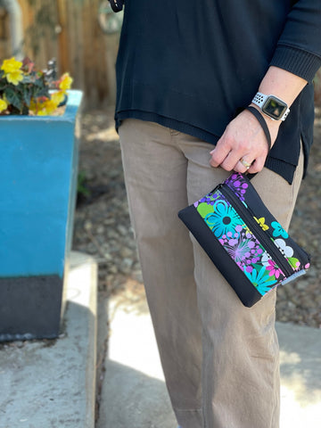 Deluxe Long Zip Phone Bag - Converts to Cross Body Purse - Black Background with Flowers