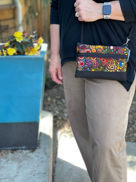 Deluxe Long Zip Phone Bag - Converts to Cross Body Purse - Black Background with Flowers