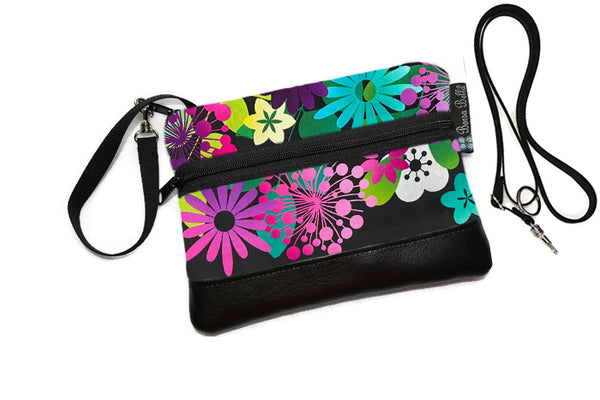 Deluxe Long Zip Phone Bag - Converts to Cross Body Purse - Black Background with Flowers