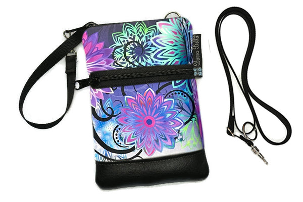 Short Zip Phone Bag - Wristlet Converts to Cross Body Purse - Purple Medallion