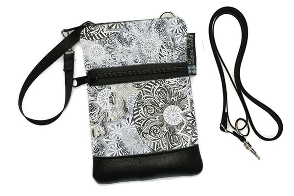 Short Zip Phone Bag - Wristlet Converts to Cross Body Purse - Gray Spirograph