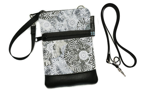 Short Zip Phone Bag - Wristlet Converts to Cross Body Purse - Gray Spirograph