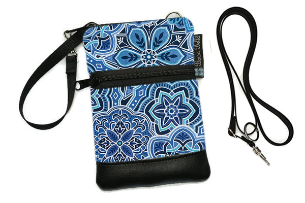 Short Zip Phone Bag - Wristlet Converts to Cross Body Purse - Blue and White Fabric