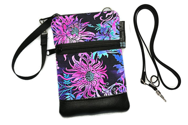 Short Zip Phone Bag - Wristlet Converts to Cross Body Purse - Purple Floral Fabric
