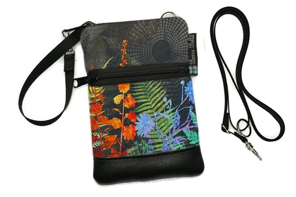Short Zip Phone Bag - Wristlet Converts to Cross Body Purse - Night FernTastic