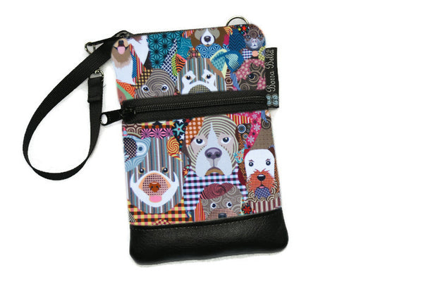 Short Zip Phone Bag - Wristlet Converts to Cross Body Purse - Dog Fabric