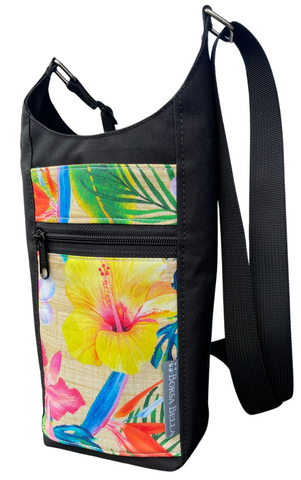 Water Bottle Crossbody Bag - Day Drinker - Hawiian Tropical Flower Fabric Pocket