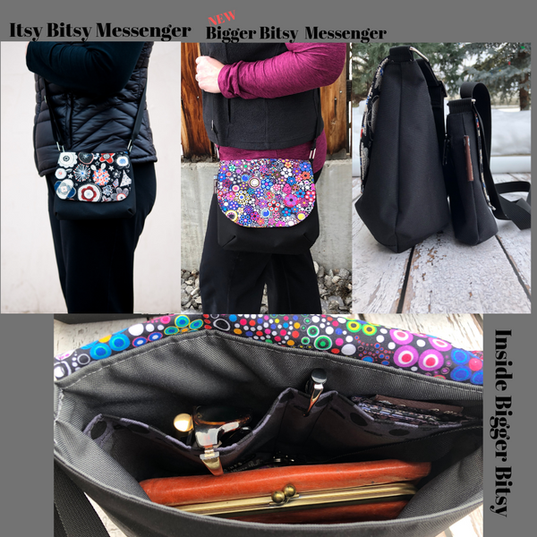 Itsy Bitsy/Bigger Bitsy Messenger Purse - Black and White Daisy Doodles Fabric