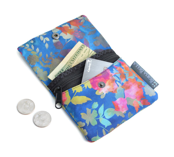 Small Slim Wallet - Light Weight - Added RFID Fabric - Blue Batik