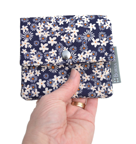 Small Slim Wallet - Light Weight - Added RFID Fabric - Navy Daisy Fabric