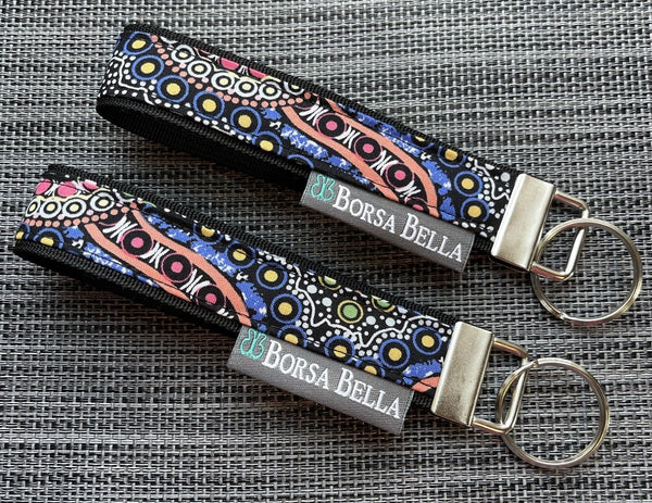 Keychain Wristlets - Black Wild Bush Flowers Fabric