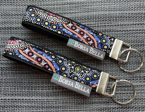 Keychain Wristlets - Black Wild Bush Flowers Fabric