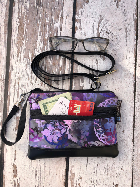Deluxe Long Zip Phone Bag - Converts to Cross Body Purse - Purple Crosshatch Fabric