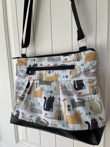 Hobo Purse Cross Body - Shoulder Bag - Cats and Gray Fabric