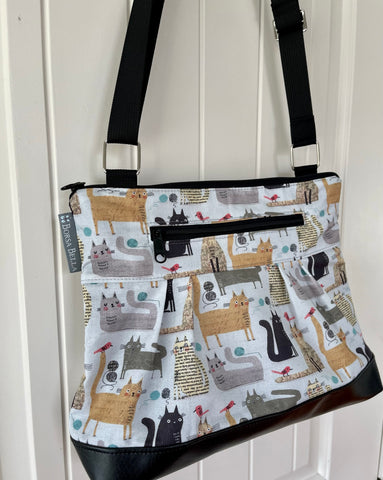 Hobo Purse Cross Body - Shoulder Bag - Cats and Gray Fabric