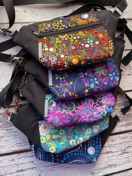 Fanny Pack or Crossbody Bag - Black Wild Bush Flowers Fabric