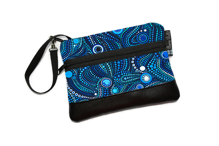 Deluxe Long Zip Phone Bag - Faux Leather Accent - Cross Body Option -  Blue Kraken Fabric