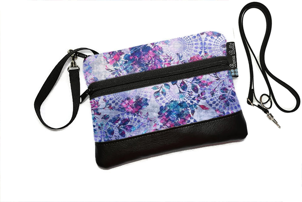 Deluxe Long Zip Phone Bag - Converts to Cross Body Purse - Purple Haze Fabric