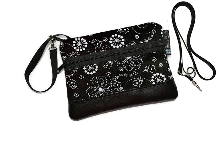 Copy of Deluxe Long Zip Phone Bag - Converts to Cross Body Purse - Black and White Daisy Doodles Fabric
