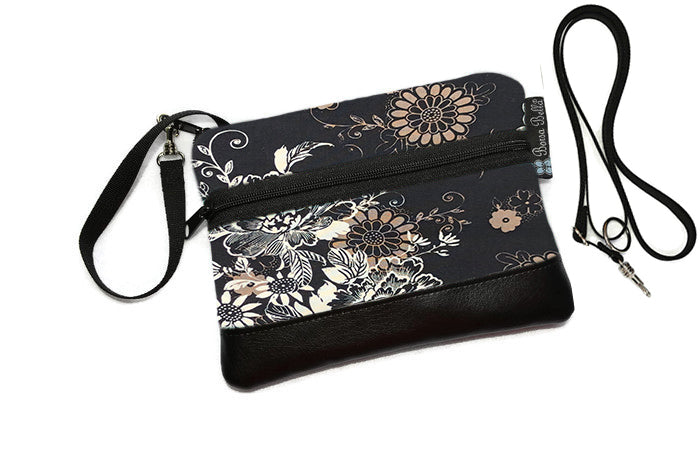 Deluxe Long Zip Phone Bag - Converts to Cross Body Purse - Black Beauty Fabric