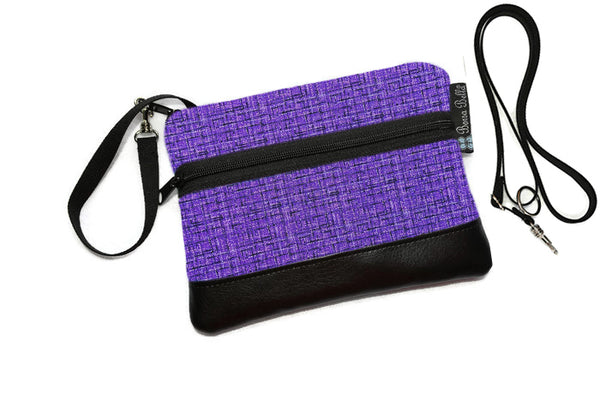 Deluxe Long Zip Phone Bag - Converts to Cross Body Purse - Purple Crosshatch Fabric