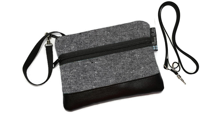Deluxe Long Zip Phone Bag - Converts to Cross Body Purse - Black and White Canvas Linen Fabric