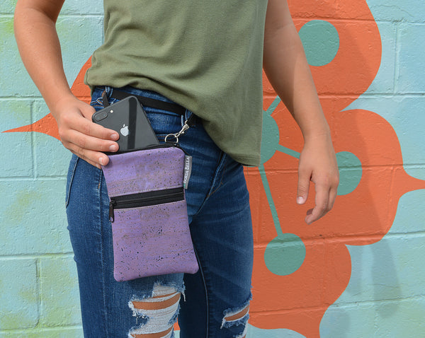 Short Zip Phone Bag - Wristlet Converts to Cross Body Purse - Purple Floral Fabric