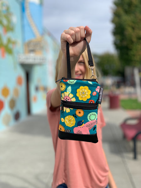 Short Zip Phone Bag - Wristlet Converts to Cross Body Purse - Purple Floral Fabric