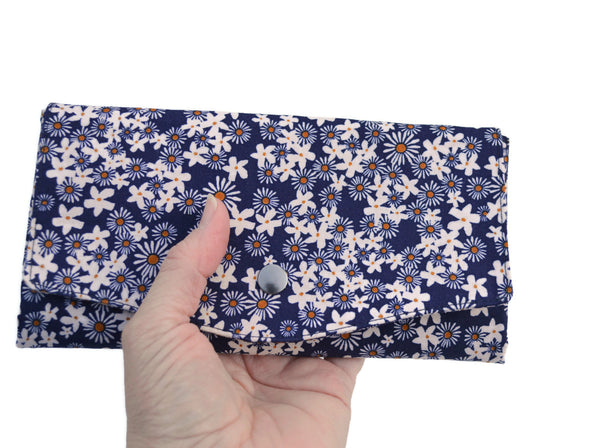 Wallet - Slim Large Wallet - Light Weight - Navy Daisy Fabric