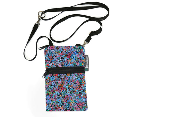 Short Zip Phone Bag - Wristlet Converts to Cross Body Purse - Mini Wild Flowers Fabric