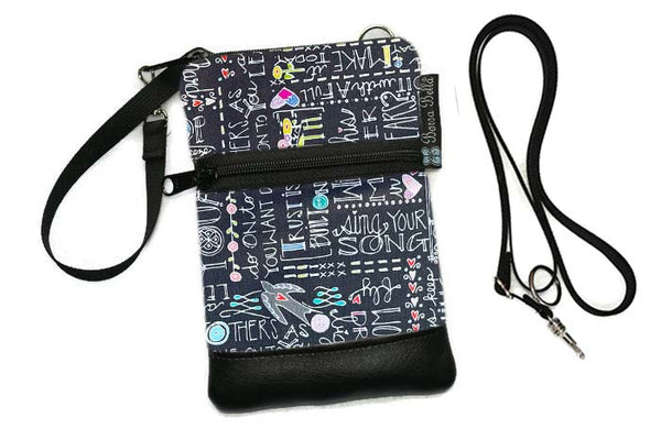 Short Zip Phone Bag - Wristlet Converts to Cross Body Purse - Blooms and Buttons Fabric