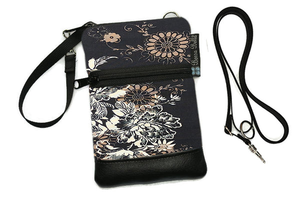 Short Zip Phone Bag - Wristlet Converts to Cross Body Purse - Black Beauty Fabric