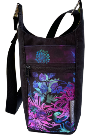 Water Bottle Crossbody Bag - Day Drinker - Floragraphix Purple Boarder Pocket