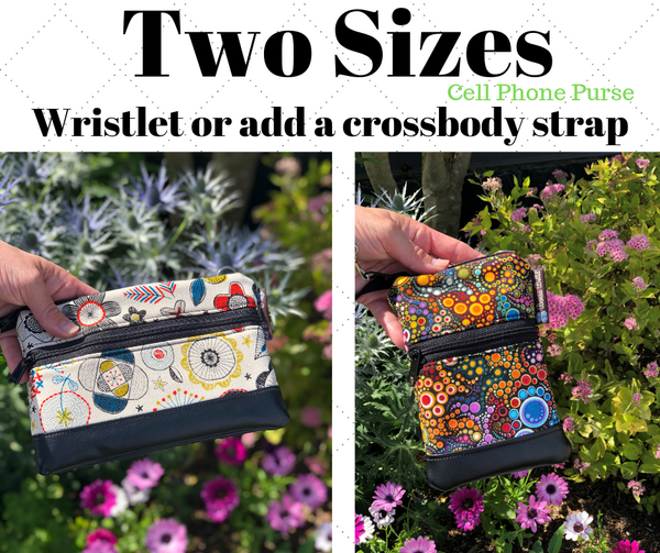 Short Zip Phone Bag - Wristlet Converts to Cross Body Purse - Purple Cork Fabric